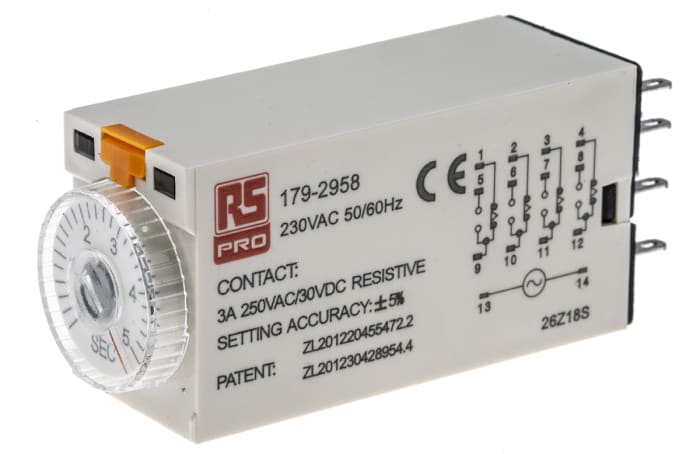 RS PRO Plug In Timer Relay, 230V ac, 4-Contact, 0.2 → 5s, 1-Function, 4PDT