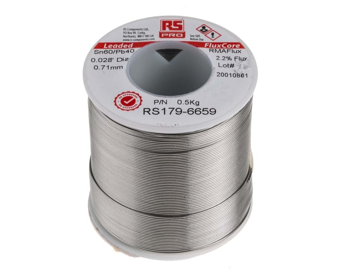 Hilo de soldar RS PRO de 0.7mm, fusión a: 183°C, composición: Sn 60%, Pb 40%, peso 500g