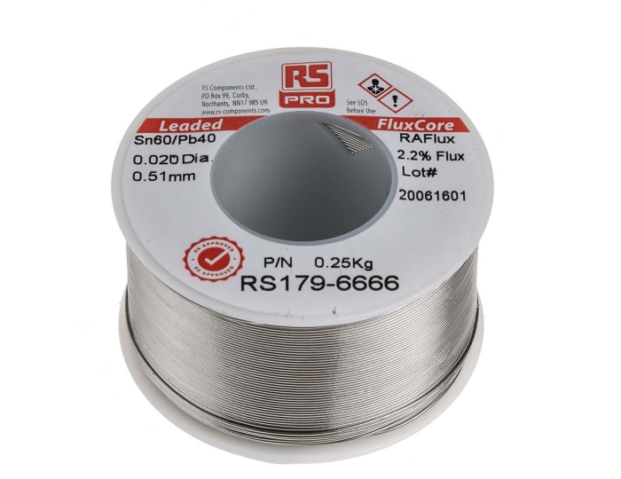 Hilo de soldar RS PRO de 0.5mm, fusión a: 183°C, composición: Sn 60%, Pb 40%, peso 250g