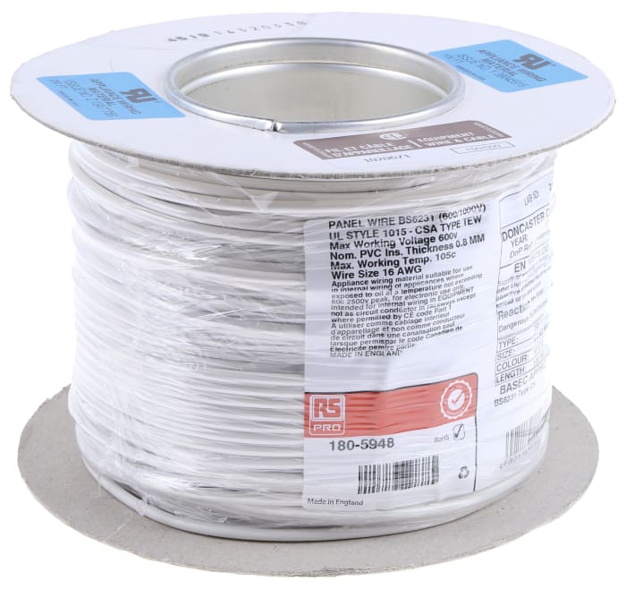 RS PRO, RS PRO White 2.5 mm² Hook Up Wire, 14 AWG, 100m, PVC Insulation, 201-0568