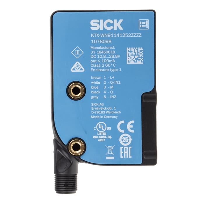 SICK Contrast Sensors 13 mm, RGB LED, NPN, 100 mA, 10.8 → 28.8 V dc, IP67