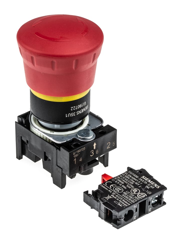 Siemens SIRIUS ACT 3SU11 Series Twist Release Emergency Stop Push Button, Panel Mount, 22mm Cutout, 1NC, IP66, IP67,