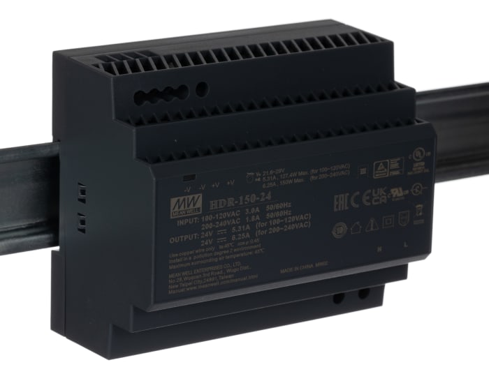 MEAN WELL HDR Switched Mode DIN Rail Power Supply, 85 → 264 V ac / 120 → 370V dc ac, dc Input, 24V dc dc