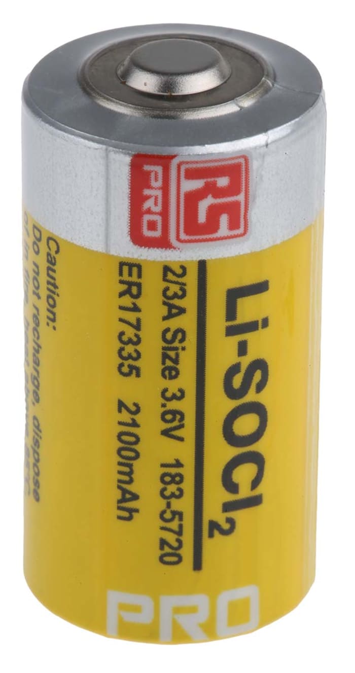 Pile 2/3 A, 3.6V, RS PRO, Lithium Thionyle Chloride, 2.1Ah