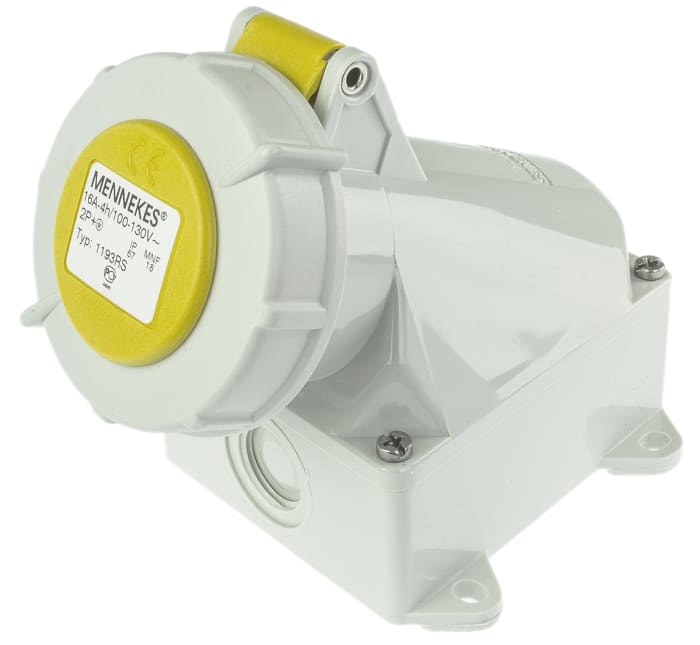 MENNEKES IP67 Yellow Wall Mount 3P Right Angle Industrial Power Socket, Rated At 16A, 110 V