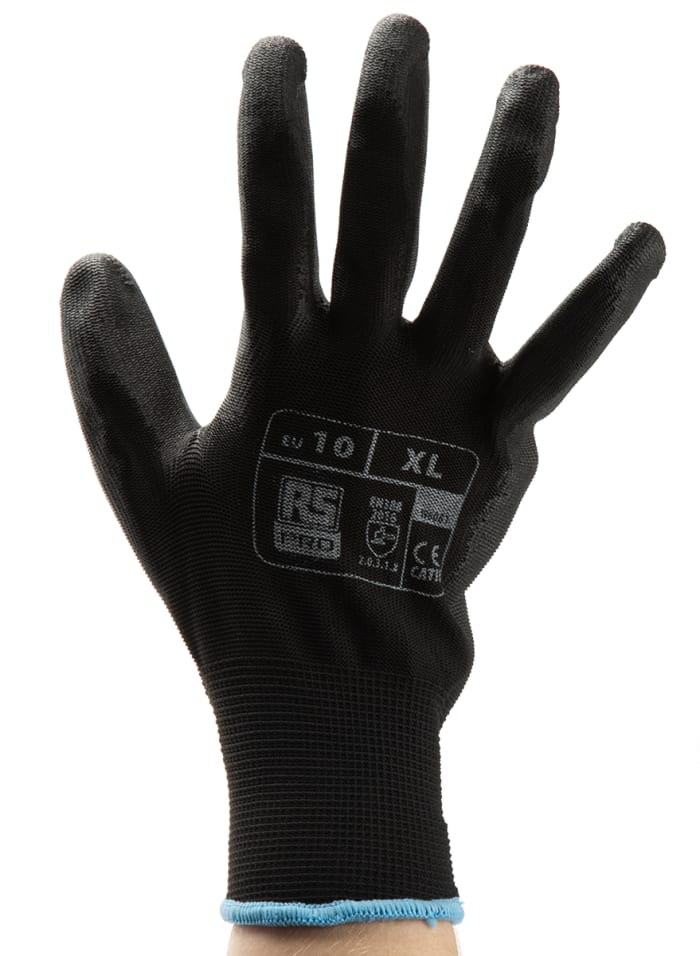 RS PRO Black Abrasion Resistant, Tear Resistant Work Gloves, Size 10, Polyurethane Coating