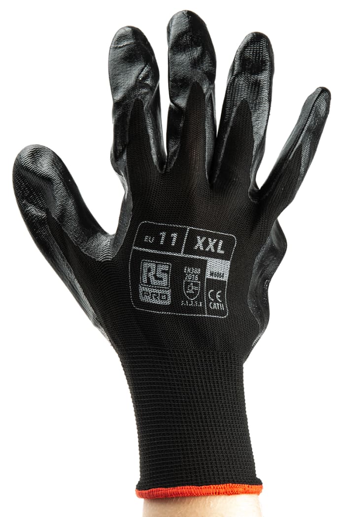 RS PRO Black Abrasion Resistant, Tear Resistant Work Gloves, Size 11, Nitrile Coating