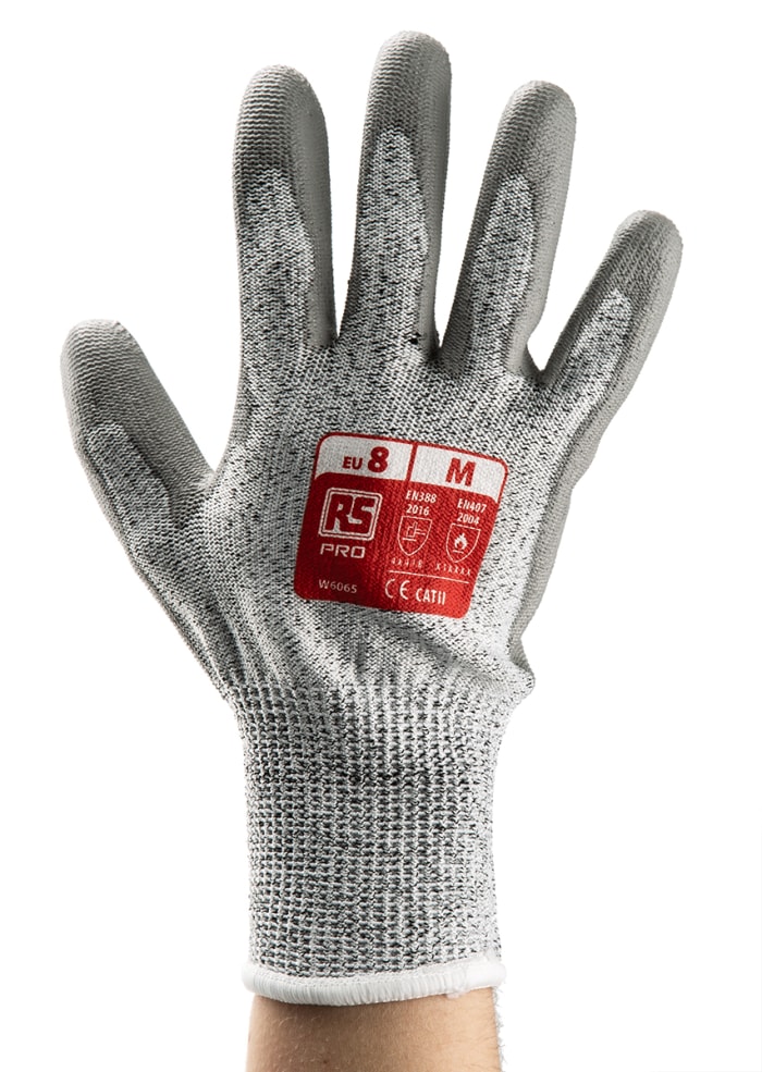 RS PRO Grey HPPE/Nylon/Glass Cut Resistant, Heat Resistant Work Gloves, Size 8, Polyurethane Coating
