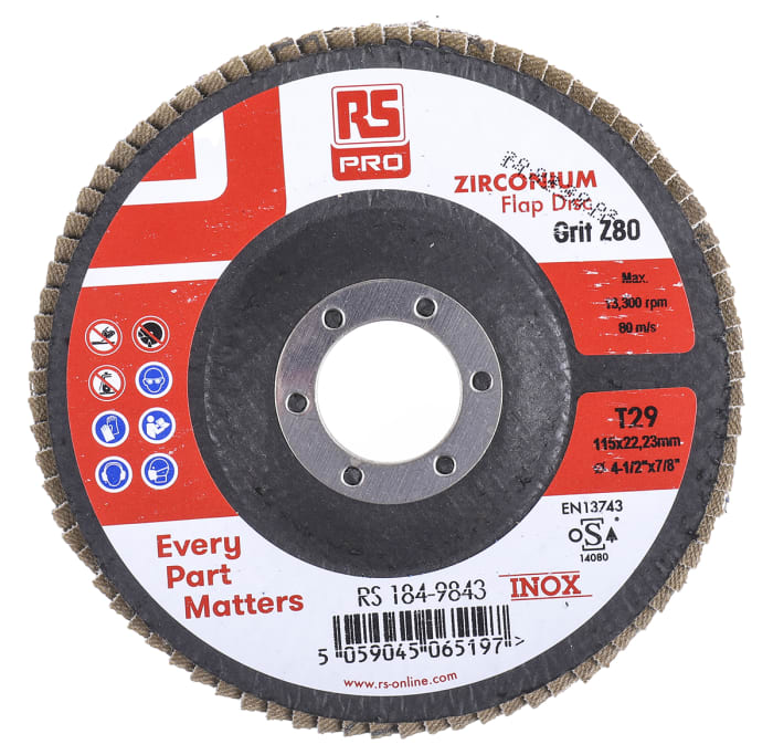 RS PRO Zirconium Flap Disc, 115mm x 7mm Thick, 80+ Grade, P80 Grit, 5 in pack