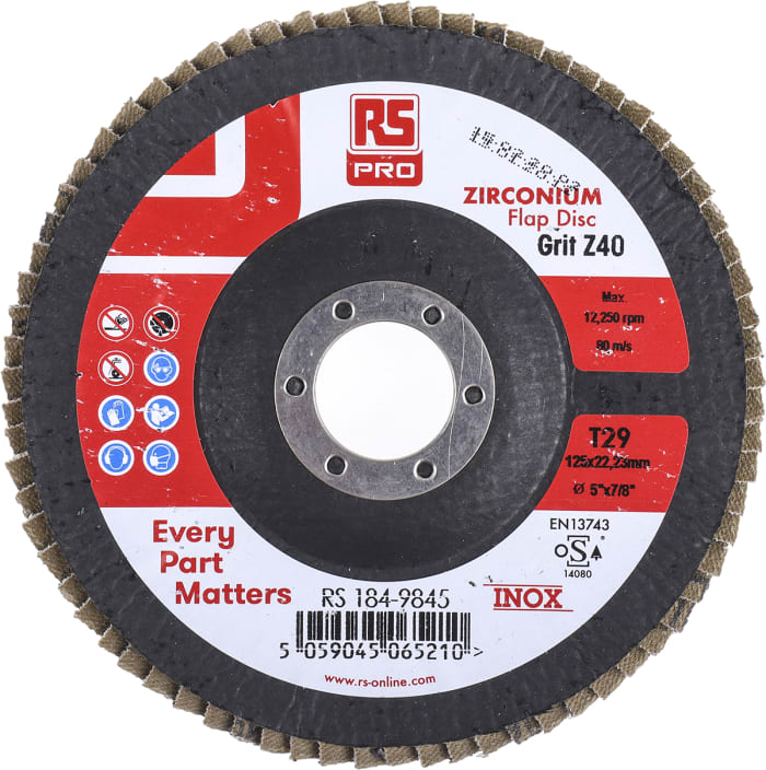 RS PRO Zirconium Flap Disc, 125mm x 7mm Thick, 40+ Grade, P40 Grit, 5 in pack