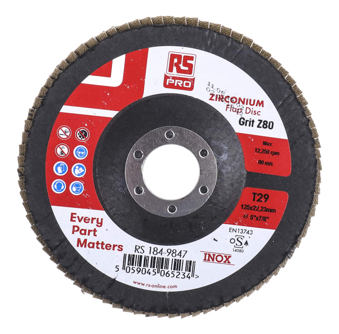 RS PRO Zirconium Flap Disc, 125mm x 7mm Thick, 80+ Grade, P80 Grit, 5 in pack
