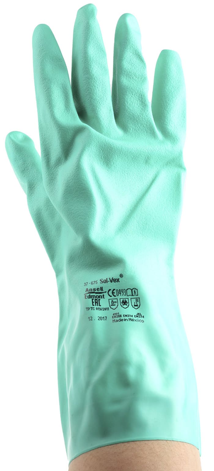 Ansell Sol-Vex Green Nitrile Chemical Resistant Work Gloves, Size 9, Nitrile Coating