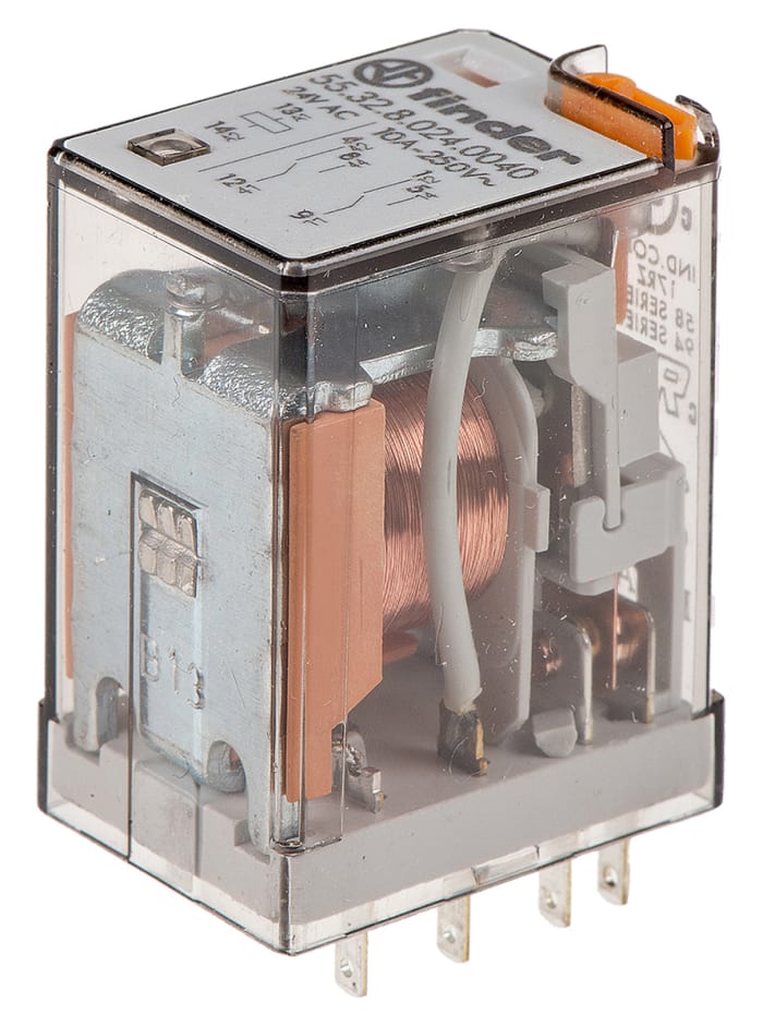 Relé de potencia sin enclavamiento Finder 55 Series de 2 polos, DPDT, bobina 24V ac, 10A, enchufable