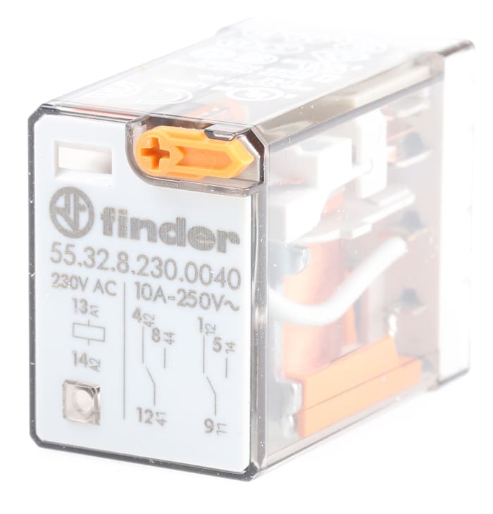 Relé de potencia sin enclavamiento Finder 55 Series de 2 polos, DPDT, bobina 230V ac, 10A, enchufable