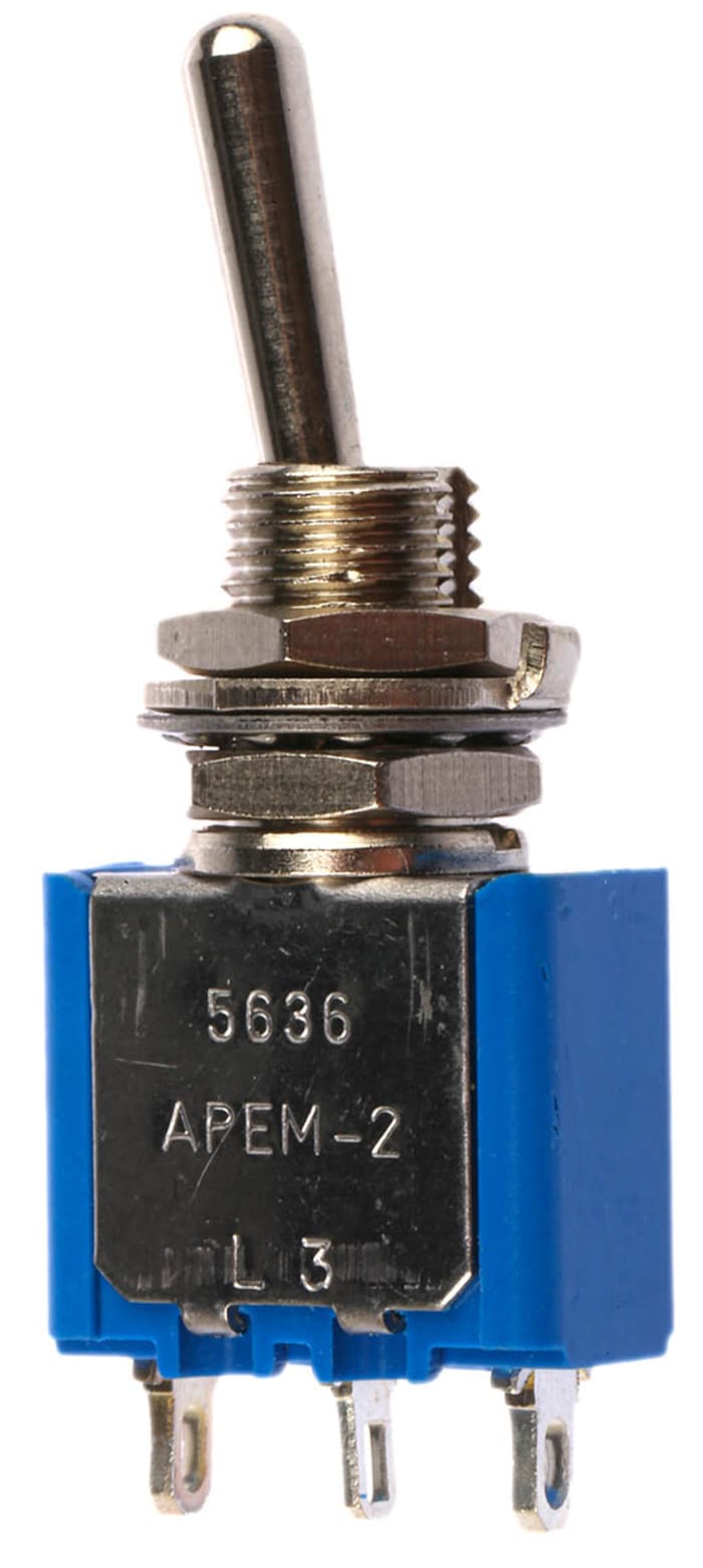 APEM Toggle Switch, Panel Mount, On-On, SPST, Solder Terminal