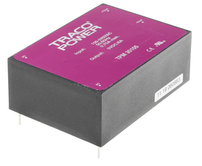 TRACOPOWER Embedded Switch Mode Power Supply SMPS, TPM 30105, 5V dc, 6A, 30W, 1 Output, 100 → 375 V dc, 85