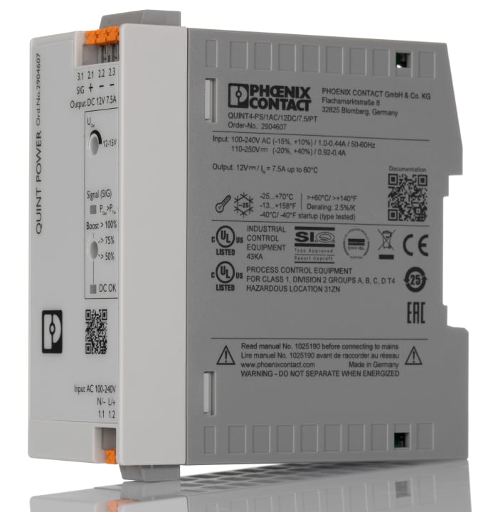 Alimentation pour rail DIN Phoenix Contact, série QUINT4-PS/1AC/12DC/7.5/PT, 12V c.c.out 7.5A, 96.3VA