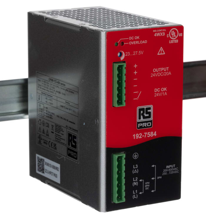 RS PRO Switched Mode DIN Rail Power Supply, 187 → 550 V ac / 250 → 725V dc ac, dc Input, 23 → 28V