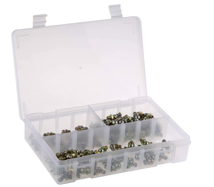 Juego de racores de engrase RS PRO, contiene H1 Straight 6x1 mm (x50); H2-45 6x1 mm (x50); H3-90 6x1 mm (x50); Box