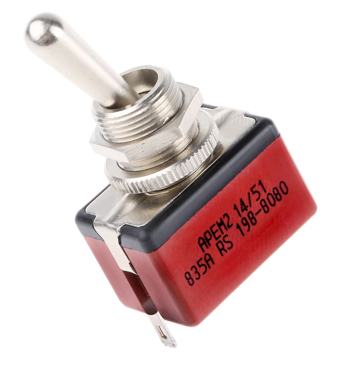 APEM Toggle Switch, Panel Mount, Momentary, SPST, Solder Terminal