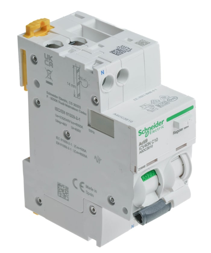Schneider Electric RCBO, 10A Current Rating, 1P Poles, 30mA Trip Sensitivity, Type C, Acti9 Range