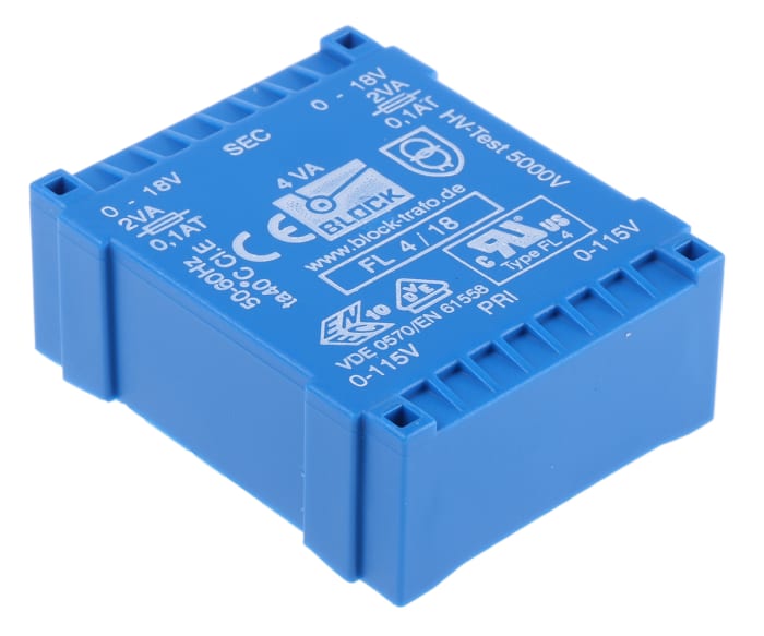 Transformateur pour circuit imprimé Block, 115 V, 230 V ac 66 %, 2 sorties, 18 V ac, Traversant 4 VA