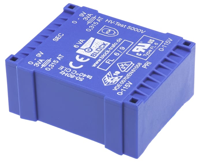 Transformateur pour circuit imprimé Block, 9V c.a., 115V ac, 230V ac, 6VA, 2 sorties