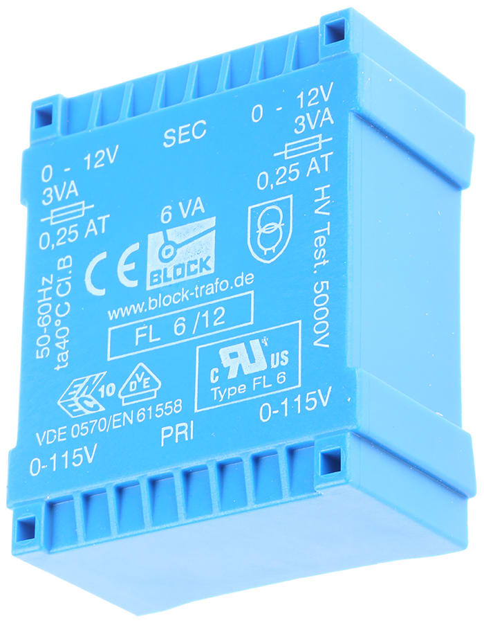 Transformateur pour circuit imprimé Block, 12V c.a., 115V ac, 230V ac, 6VA, 2 sorties