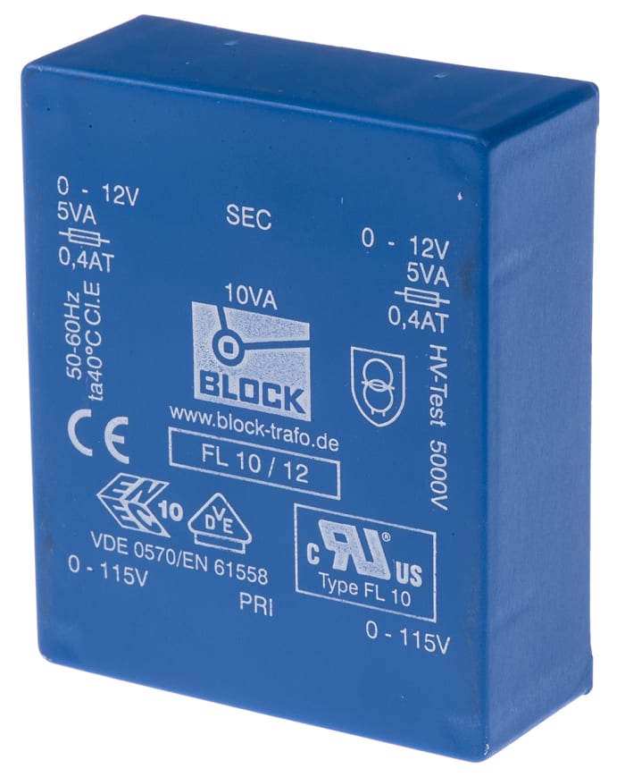 Transformador de PCB, 12V ac, 2 salidas , Agujero pasante, Potencia 10VA