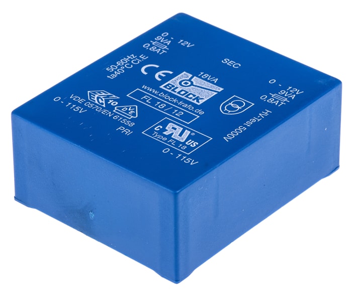 Block 12V ac 2 Output Through Hole PCB Transformer, 18VA