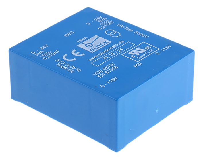 Transformateur pour circuit imprimé Block, 24V c.a., 115V ac, 230V ac, 18VA, 2 sorties