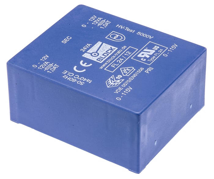 Block 12V ac 2 Output Through Hole PCB Transformer, 24VA