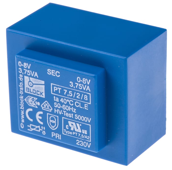 PT 7.5/2/8 Block | Block 8V ac 2 Output Through Hole PCB Transformer, 7 ...