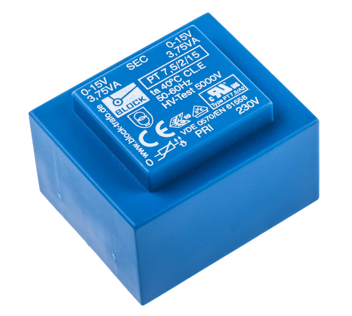 Block 15V ac 2 Output Through Hole PCB Transformer, 7.5VA