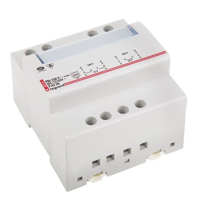 Transformateur rail DIN Legrand, Vin 230V ac, 400V ac, Vout 12V c.a., 63VA, 2 sorties