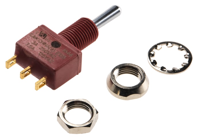 C & K Toggle Switch, Panel Mount, (On)-Off-(On), SPDT, Solder Terminal