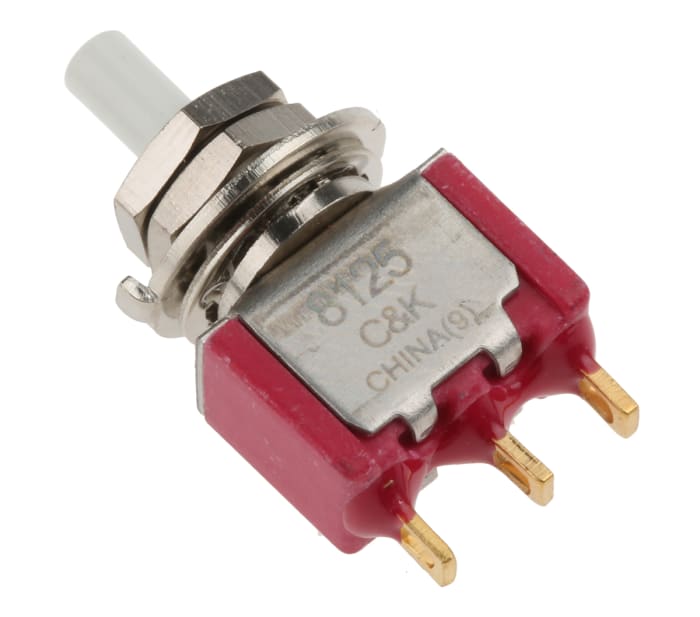 C & K Push Button Switch, Momentary, Panel Mount, 6.4mm Cutout, SPDT