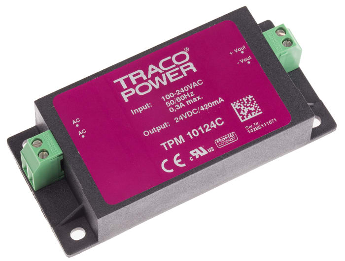 TRACOPOWER Embedded Switch Mode Power Supply SMPS, TPM 10124C, 24V dc, 420mA, 10W, 1 Output, 100 → 375 V dc, 85