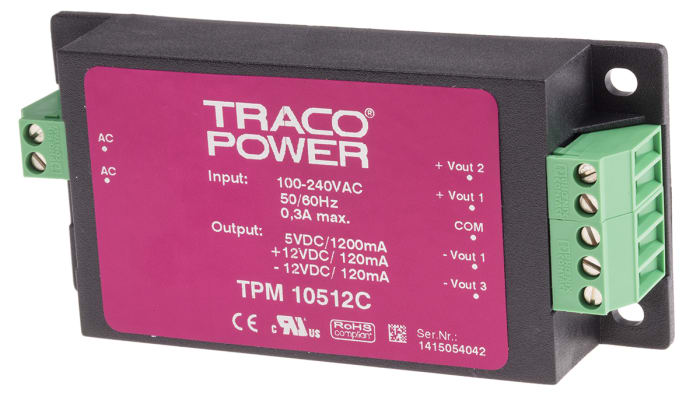 TRACOPOWER Embedded Switch Mode Power Supply SMPS, TPM 10512C, 5/±12V dc, 1.2 A, 120 mA, 10W, Triple Output, 100