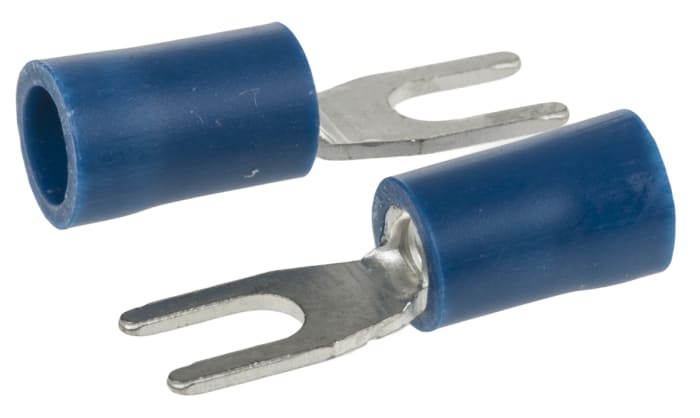 RS PRO Insulated Crimp Spade Connector, 1.5mm² to 2.5mm², 16AWG to 14AWG, 3.2mm Stud Size Vinyl, Blue