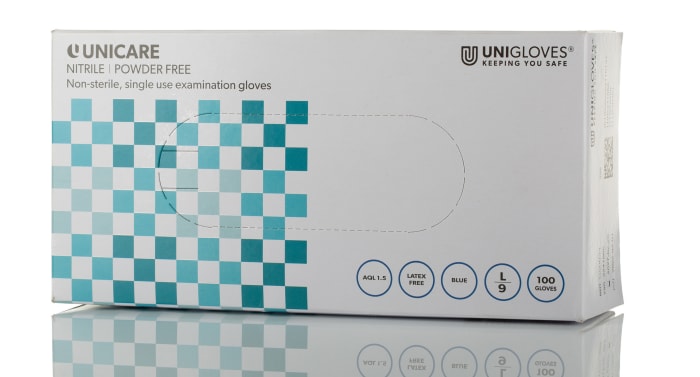 GS0034 Unigloves, Unigloves Unicare Blue Powder-Free Nitrile Disposable  Gloves, Size 9, Large, Food Safe, 100 per Pack, 208-5527