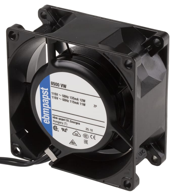 ebm-papst 8000 V Series Axial Fan, 115 V ac, AC Operation, 50m³/h, 12W, 80 x 80 x 38mm