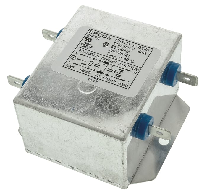 EPCOS B84111A Series 20A 250 V ac 60Hz Flange Mount RFI Filter, with Tab Terminals, Single Phase
