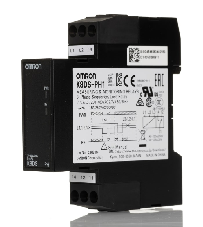 K8DSPH1 Omron Omron Phase Monitoring Relay, 3 Phase, SPDT, DIN Rail