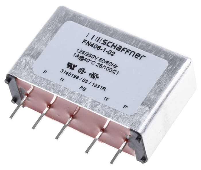 Schaffner, FN406 1A 250 V ac 400Hz, PCB Mount EMC Filter, Pin, Single Phase