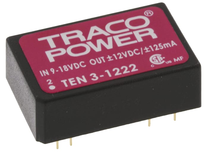 TRACOPOWER TEN 3 DC-DC Converter, ±12V dc/ ±125mA Output, 9 → 18 V dc Input, 3W, Through Hole, +85°C Max Temp