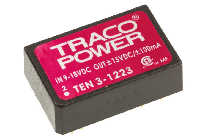 TRACOPOWER TEN 3 DC-DC Converter, ±15V dc/ ±100mA Output, 9 → 18 V dc Input, 3W, Through Hole, +85°C Max Temp