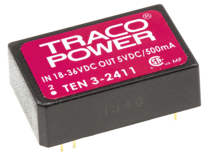 TRACOPOWER TEN 3 DC-DC Converter, 5V dc/ 500mA Output, 18 → 36 V dc Input, 2.5W, Through Hole, +85°C Max Temp