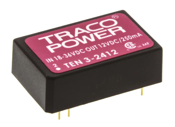 TRACOPOWER TEN 3 DC-DC Converter, 12V dc/ 250mA Output, 18 → 36 V dc Input, 3W, Through Hole, +85°C Max Temp