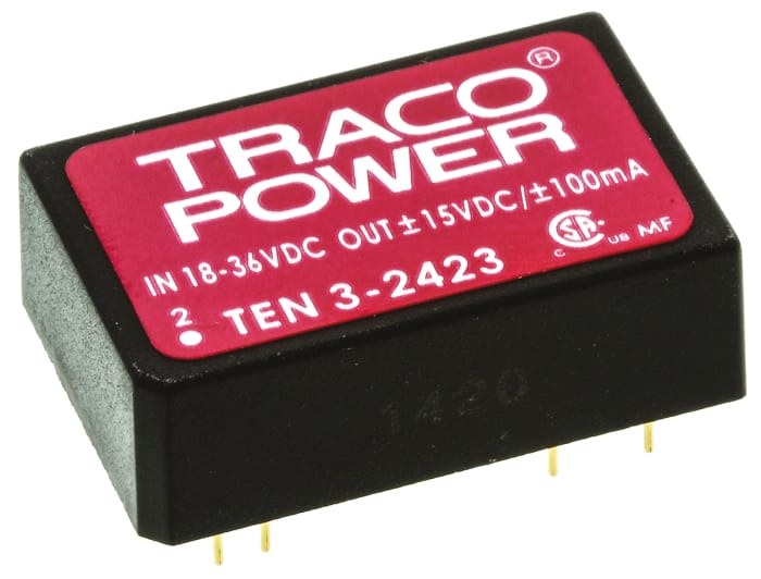 TRACOPOWER TEN 3 DC-DC Converter, ±15V dc/ ±100mA Output, 18 → 36 V dc Input, 3W, Through Hole, +85°C Max Temp